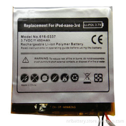 3.7V/450mAh Lithium Polymer Battery Pack, Used for iPod Nano 3rd, OEM and ODM Orders are Welcome